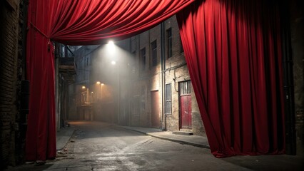 A bold red curtain with a focused spotlight casting an eerie glow on a mysterious abandoned alleyway, spotlight, neglect, abandoned alleyway, haunting ambiance