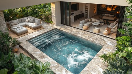 Luxurious indoor-outdoor space featuring a pool and lounge area surrounded by lush greenery.