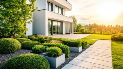 Fototapeta premium Modern House with Lush Greenery and a Stunning Sunset View