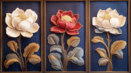 Intricate Triptych of Embroidered Flowers: A Masterpiece of Needlework
