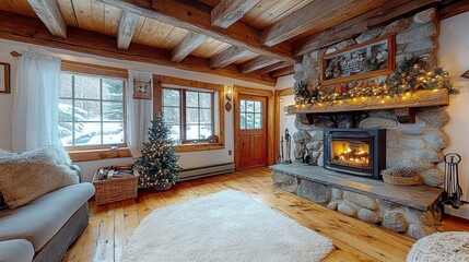 Cozy Cabin Living Room with Stone Fireplace and Winter View