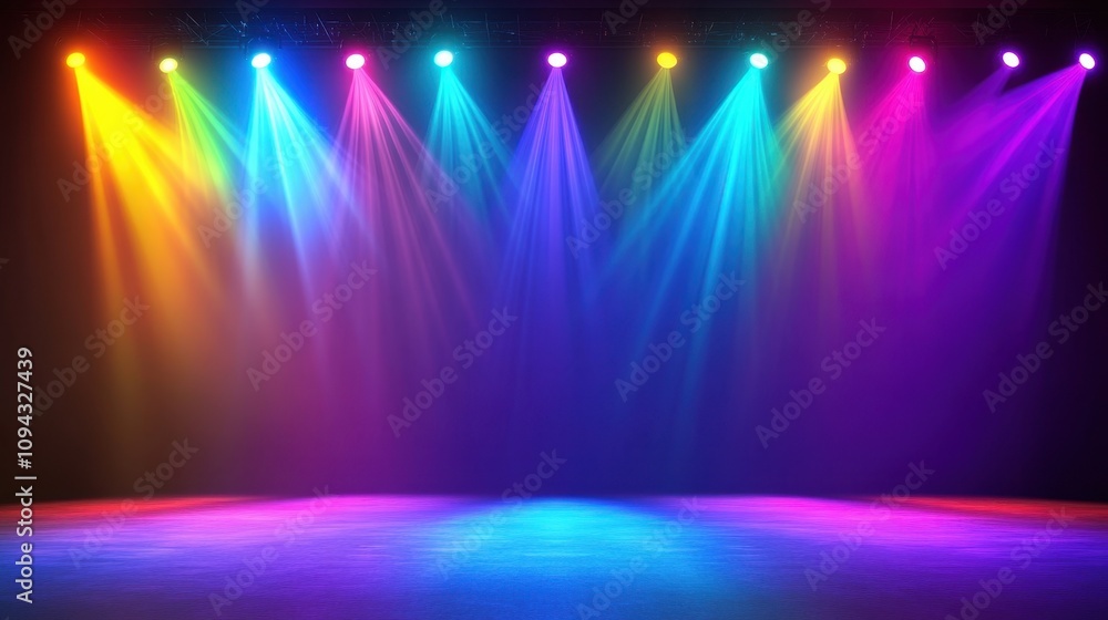 Poster colorful stage lights illuminating an empty performance area.
