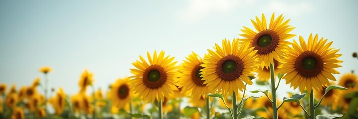 Obraz premium A bunch of bright yellow sunflowers with long green stems rising from a field, flora, sunflowers, outdoors