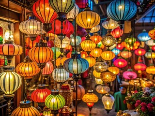 Fototapeta premium Asian night market, lantern-lit architecture. Traditional Chinese artistry.