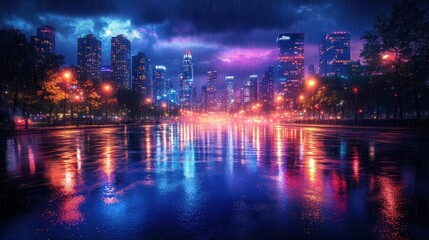 Fototapeta premium Rainy Night Cityscape: Vibrant Reflections on Water