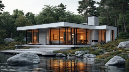 Obraz premium Modern Lakeside Cabin Retreat: Luxury Minimalist Design in Serene Forest Setting