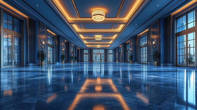 Elegant ballroom with shimmering blue marble floors and glowing chandeliers in a luxurious venue