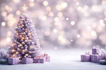 Weihnachtsstimmung mit Geschenken und Weihnachtsbaum in einem fliederfarbenen Design, Weihnachtliche Elemente in modernen lila Farben, Bokeh, Schnee und Lichter