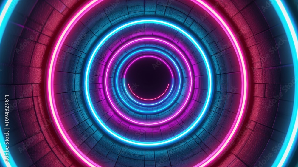 Poster abstract neon tunnel with vibrant circular patterns.