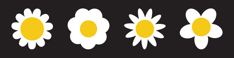 Four white yellow chamomile icon set line. Daisy camomile flower. Cute plant collection. Growing concept. Love card. Sign symbol shape template print. Flat design. Isolated. Black background. Vector