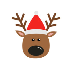 Reindeer deer head face icon. Red Santa Claus hat, nose, horns. Merry Christmas. Candy Cane. New Year. Cute cartoon kawaii character. Funny animal. Flat design. Hello winter. White background. Vector