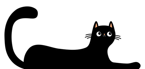 Cute lying cat black silhouette. Long body. Happy Halloween. Kawaii chilling kitten head face. Cartoon baby pet character. Greeting card, banner, sticker print. Flat design. White background. Vector