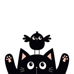 Black kitten cat head face looking at funny bird sitting on head. Pink paw print. Kawaii baby pet animal. Cute cartoon character. Greeting card, sticker print. Flat design. White background. Vector