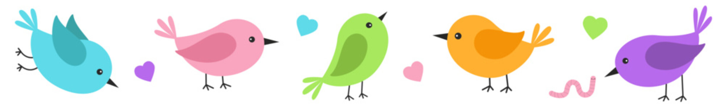 Naklejki Cute bird heart icon set line. Different color birds collection. Kawaii cartoon funny baby character. Colorful sticker decoration print. Childish style. Flat design. White background. Isolated. Vector