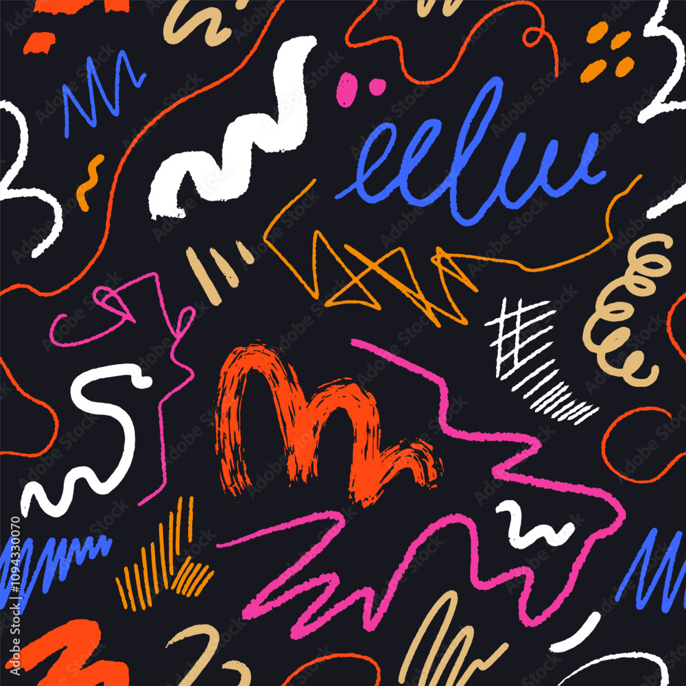 Poster seamless scribble and doodle pattern with colorful line drawings, strokes, shapes. abstract hand-dra