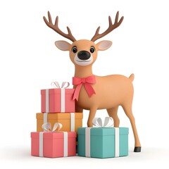 Cute Cartoon Reindeer with Colorful Gift Boxes