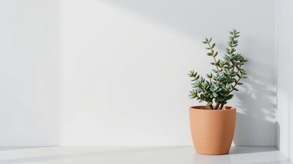 Soft gray wall features a medium-sized potted succulent, indoor gardening, earthy tones