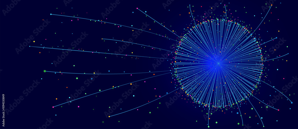 Fototapete Blue abstract background with lines and sphere. Big data or cloud computing, data center analytics visualization.