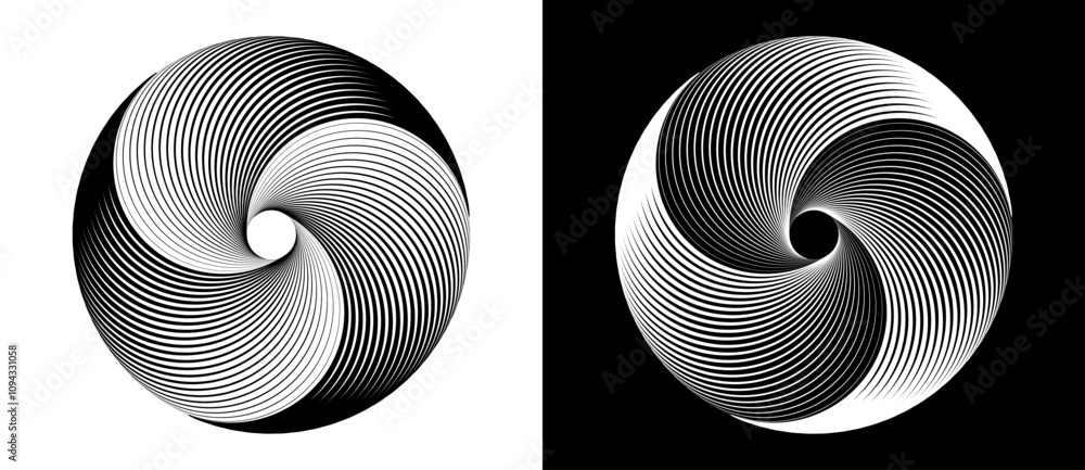 Poster spiral with lines as dynamic abstract vector background or logo or icon. black circle on white backg
