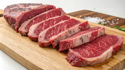 Sliced cut steaks on a wooden cutting board, steak slicing, meat cleaver, , food preparation