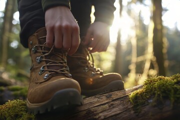 2410_001.close-up of rugged brown hiking boot, hands tying laces, mossy fallen log, sunlit forest background, outdoor adventure gear, earthy tones, shallow depth of field
