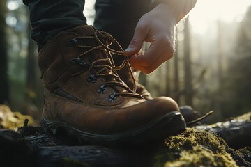 2410_001.close-up of rugged brown hiking boot, hands tying laces, mossy fallen log, sunlit forest background, outdoor adventure gear, earthy tones, shallow depth of field