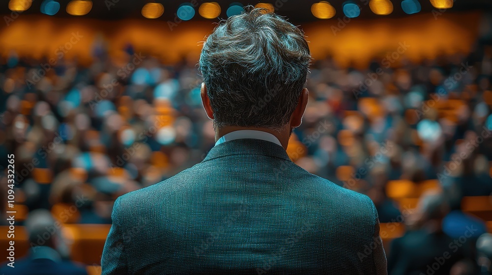 Poster audience engagement during a conference with a speaker addressing a large crowd at a formal event