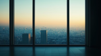 Fototapeta premium Interior view of an empty room in a skyscraper, showcasing the cityscape during the day. The skyline view from a high-rise window offers a gorgeous property with a stunning view.