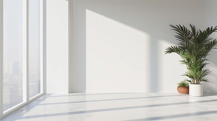 Interior view of an empty room in a skyscraper, showcasing the cityscape during the day. The skyline view from a high-rise window offers a gorgeous property with a stunning view.