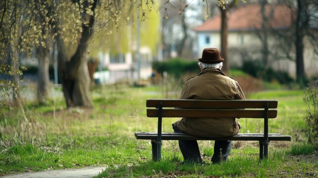 A solitary elderly person sitting on a bench in a rundown park, Symbolizing loneliness and neglect of the elderly, minimalistic composition