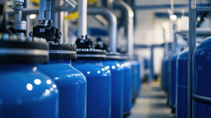 Fototapeta premium Industrial Blue Cylindrical Tanks in a Factory Setting