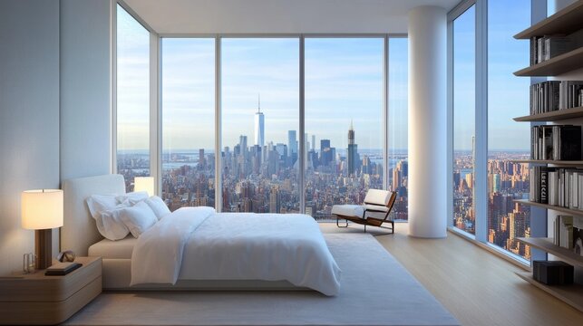 Modern minimalist style bedroom, spacious modern bedroom with large windows offering a cityscape view, featuring a king-sized bed with simple white bedding