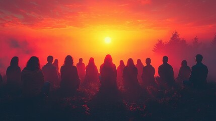 Group of people meditating together during a vibrant sunset on a tranquil evening