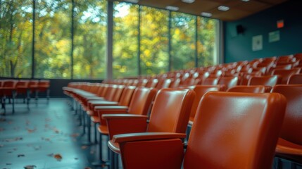 Fototapeta premium Empty auditorium with orange chairs and autumn foliage visible through large windows