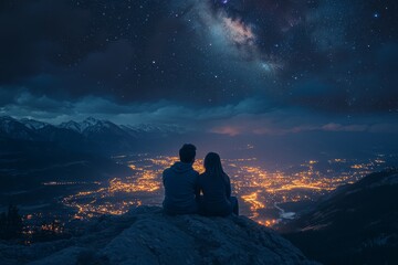 Obraz premium 2410_082.couple stargazing on rocky summit, panoramic city lights vista, mystical night sky filled with stars, ethereal milky way clouds, cinematic color grading, astro-photography aesthetic