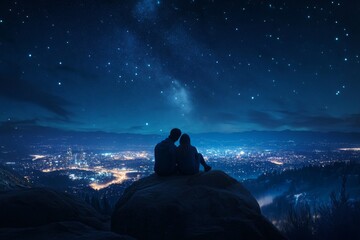 2410_082.couple stargazing on rocky summit, panoramic city lights vista, mystical night sky filled with stars, ethereal milky way clouds, cinematic color grading, astro-photography aesthetic