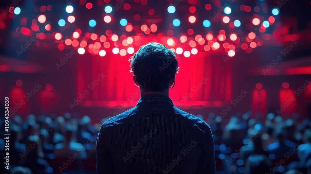 Poster spectators enjoying a vibrant performance at a theater with colorful lighting in the background