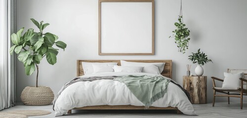 Contemporary Nordic bedroom with a minimalist design and a framed poster on the wall.