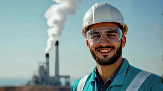 Arab geothermal engineer in safety gear and hard hat standing near a geothermal power plant in the Gulf region, highlighting renewable energy and industrial sustainability.