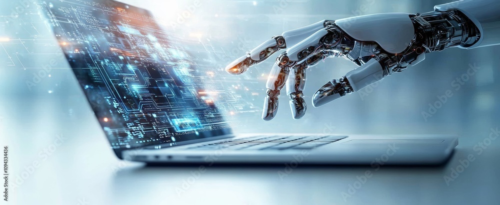 Poster robotic hand interacting with holographic interface on modern laptop advanced technology innovation 