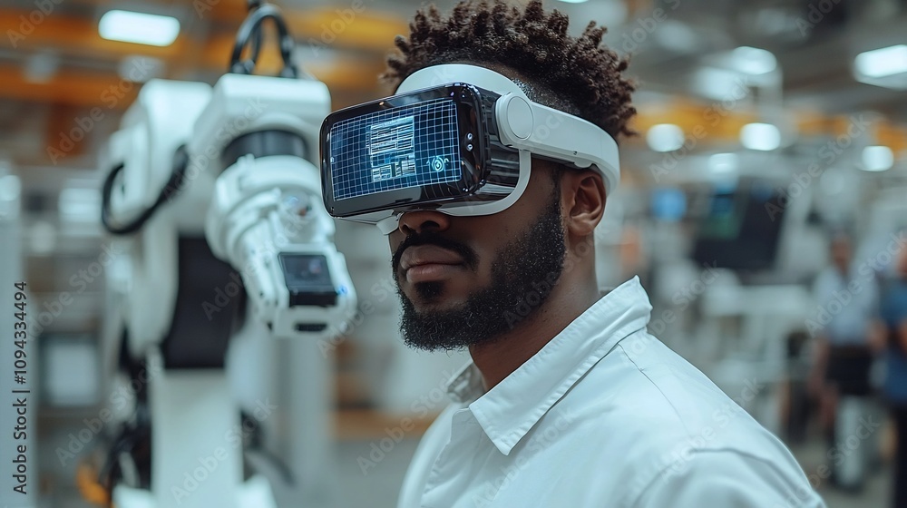 Poster factory worker using augmented reality glasses to operate robotic arm with holographic interface