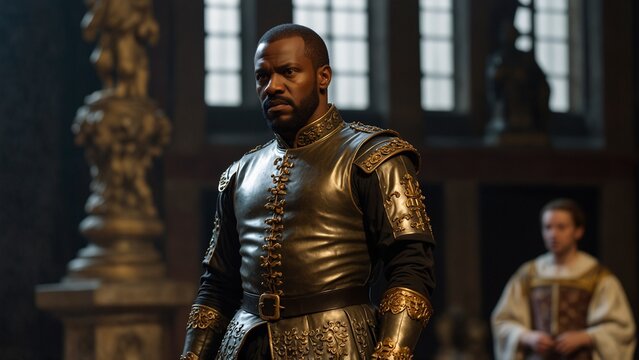 A statue of Othello, Shakespeare&rsquo;s character, wearing Venetian-era attire, holding a dagger, with the backdrop of revenge and jealousy in the play