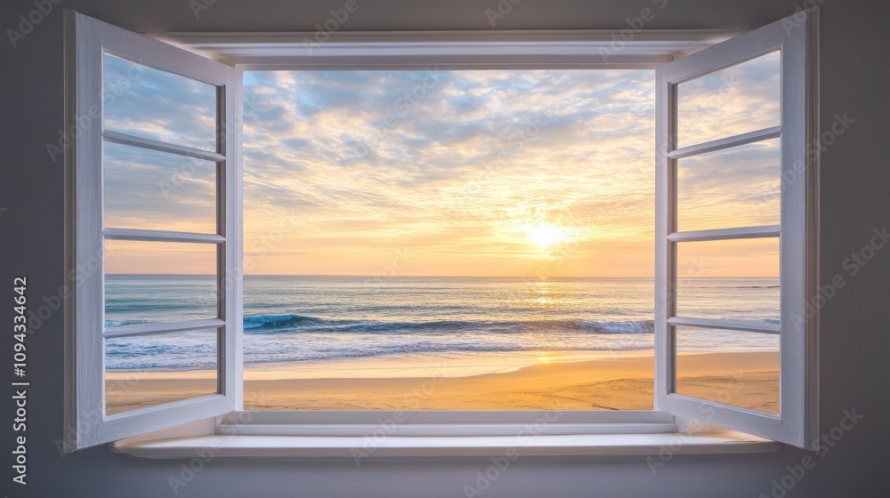 Poster a serene view of a beach at sunset through an open window.