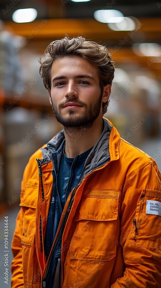 Poster warehouse worker operates automated inventory robot with real time digital updates
