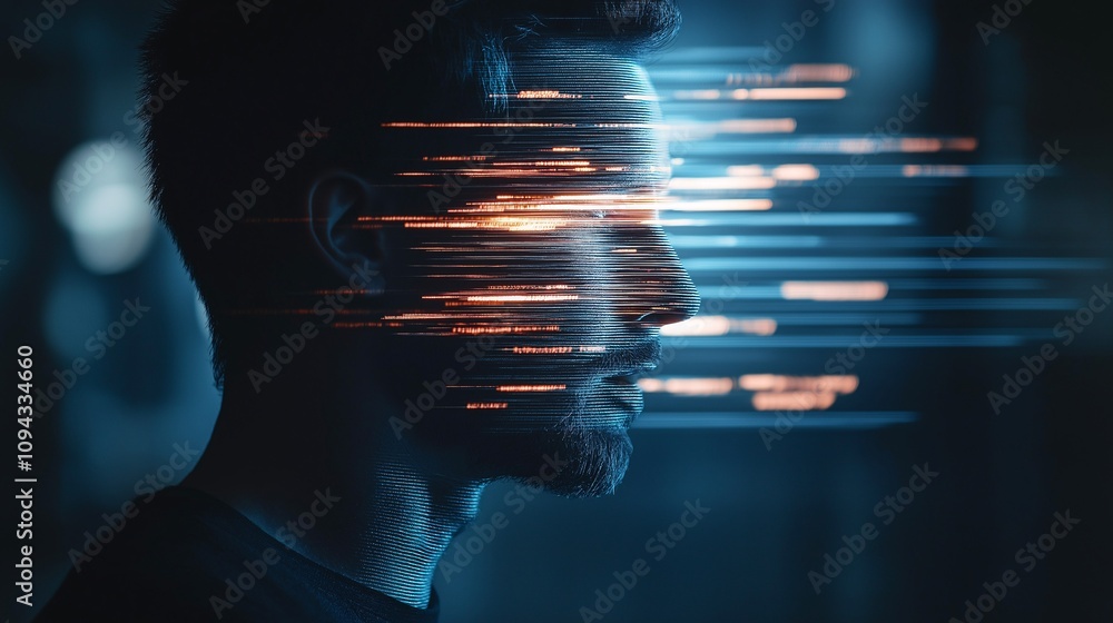 Poster digital mind: a man's profile is overlaid with streaming lines of code, symbolizing the fusion of hu
