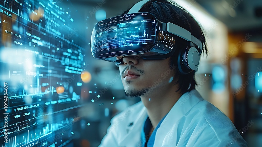 Poster healthcare worker using virtual reality headset for remote surgery simulation with digital medical d