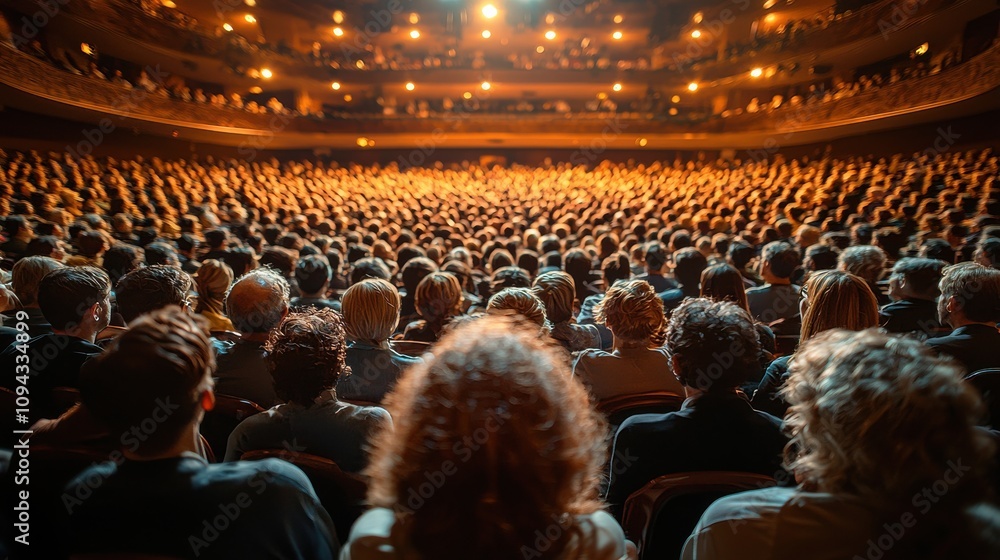 Poster crowd gathered in a theater during a performance in the evening with warm lighting and a lively atmo