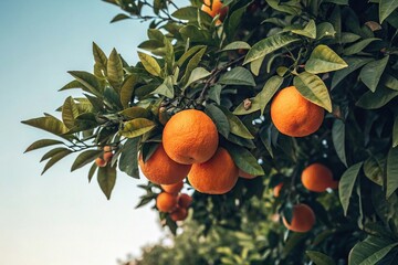 Oranges hanging from branches of a tree with leaves, trees, branches