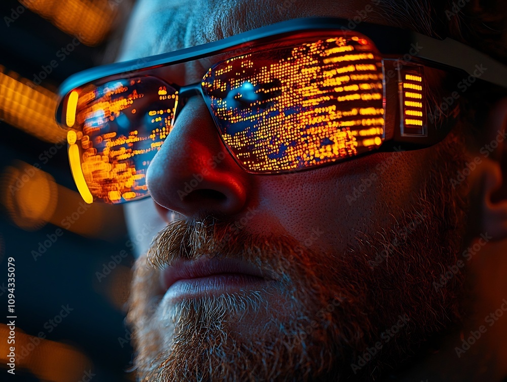 Poster it technician using glasses to troubleshoot server issues with real time code diagnostics