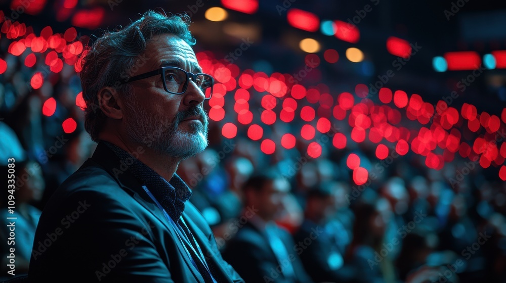 Poster man observing crowd during event with red lighting in a large venue